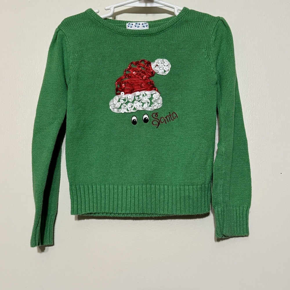 Empress Girls Green Santa Clause Sequin Holiday Christmas Sweater Sz 4 Nice